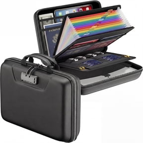 Fireproof Document Box with Lock, Hard Case Fire & Water Resistant File Organizer with 13 Pocket Accordion File Folder, Portable Home Office Safe Box for Important Documents Laptop Black