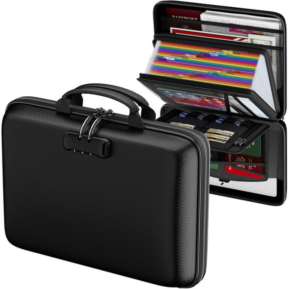 Fireproof Document Box with Lock, Hard Case Fire & Water Resistant File Organizer 25-Pocket Accordion Folder, Portable Home Office Safe Storage for Important Documents Laptop Black