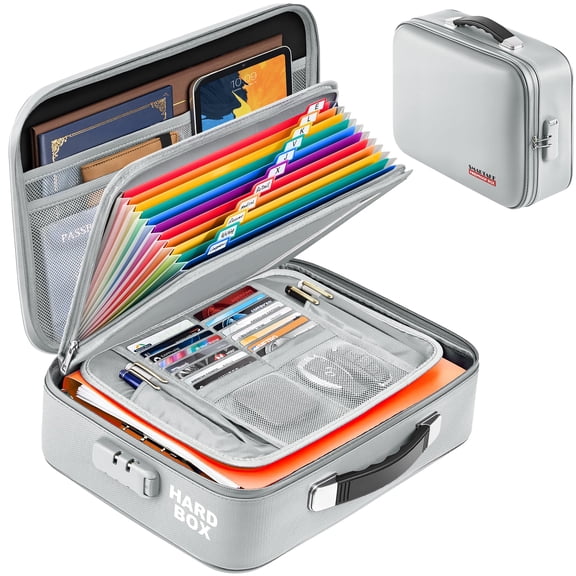 Fireproof Document Box with Lock, Hard Case Waterproof Safe Box File Organizer, for Important Documents Papers Passports Certificates Laptop Money Safe Storage, Silver (15x11.5x5.5 Inch)