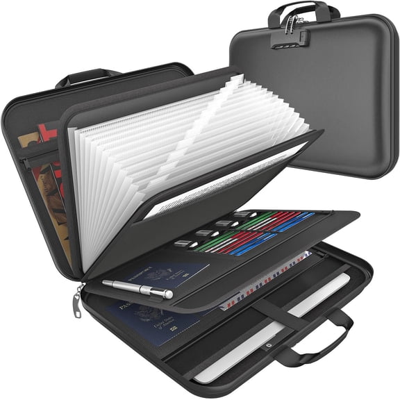 Fireproof Document Box with Lock, Hard-Shell Case Fireproof Box with 13 Pockets Accordion File Folder, Important Document Organizer for Letter A4 Files Laptop Passports