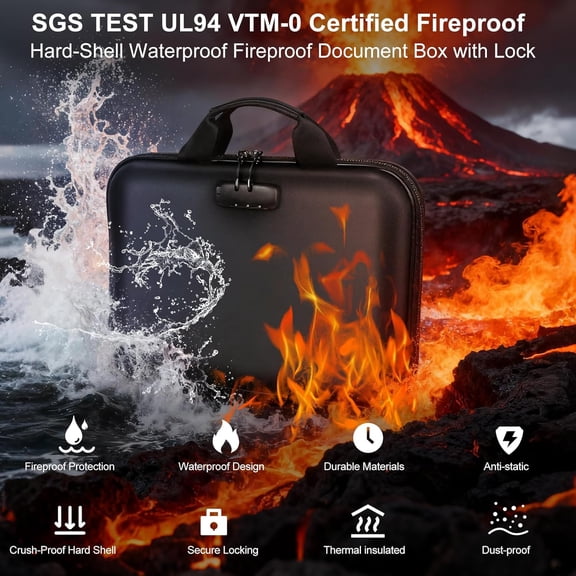 Fireproof Document Box with Lock, Hard-Shell Case Important Document Organizer with 13 Pocket Accordion File Folder, Portable Office Home Travel Safe Storage for Laptop, Paperwork and More