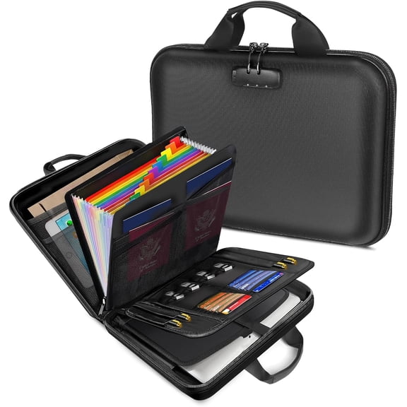 Fireproof Document Box with Lock, Hard-Shell Case Important Organizer 13 Pocket Accordion File Folder, Portable Office Home Travel Safe Storage for Laptop, Paperwork and More