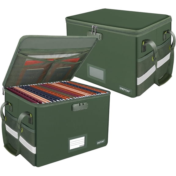 Fireproof Document Box with Lock and Pockets, Collapsible File Organizer with Handle, Portable Storage Cabinet for Letter and Legal Folders, Green, 2 Pack