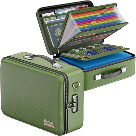 Fireproof File Organizer with Lock, Hard-Shell Case Fireproof Document Box with 13 Pocket Accordion File Folder, Portable Home Office Travel Safe Storage for Important Documents Laptop