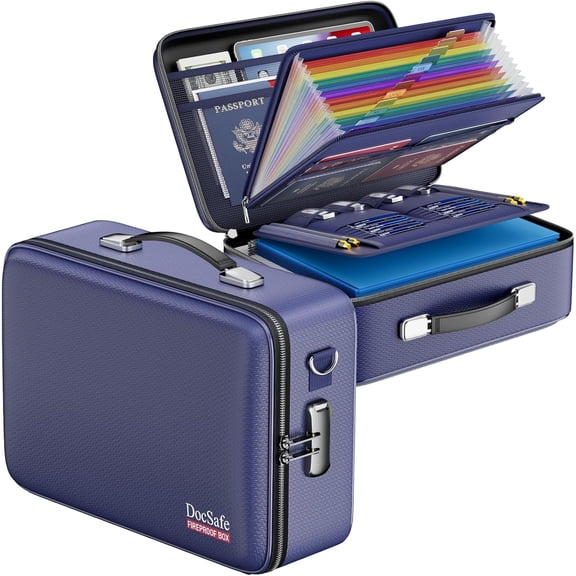 Fireproof Document Box with Lock＆Shoulder Strap, Hard-Shell Case File Organizer with Accordion File Folder, Multi-Layer Portable Home Office Travel Safe Storage for Important Documents Laptop
