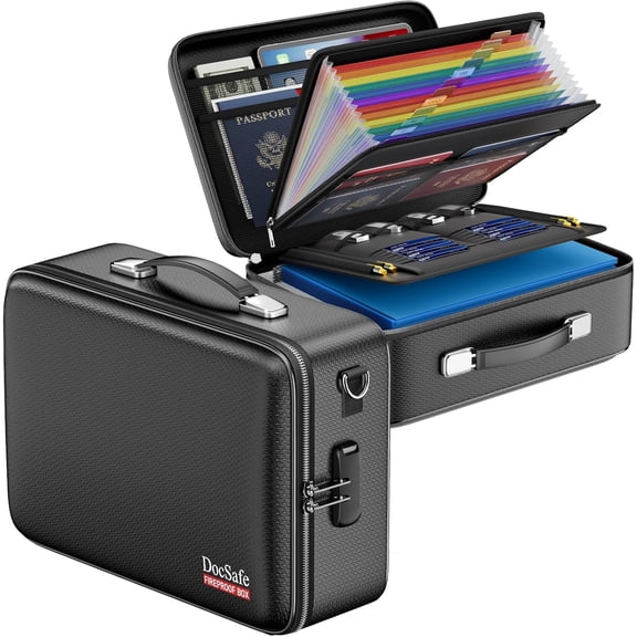 Fireproof Document Box with Lock＆Shoulder Strap, Hard-Shell Case File Organizer with Accordion File Folder, Multi-Layer Portable Home Office Travel Safe Storage for Important Documents Laptop