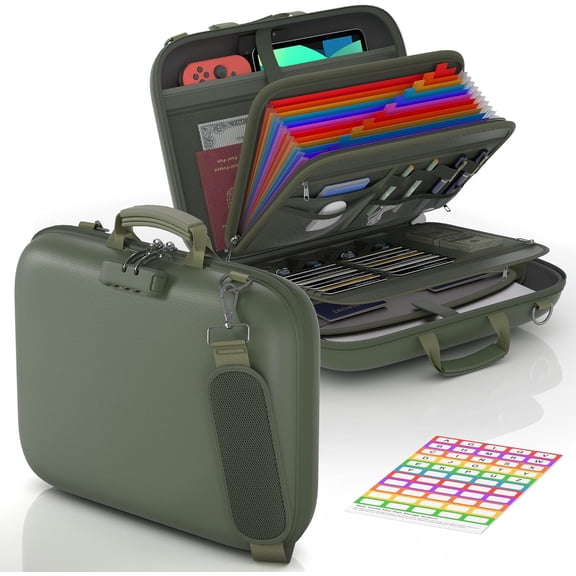 Fireproof Document Box with Lock & Shoulder Strap, Hard-Shell Fireproof File Organizer with 13 Pocket Accordion File Folder, Portable Safe Storage for Important Documents, Laptop, Green