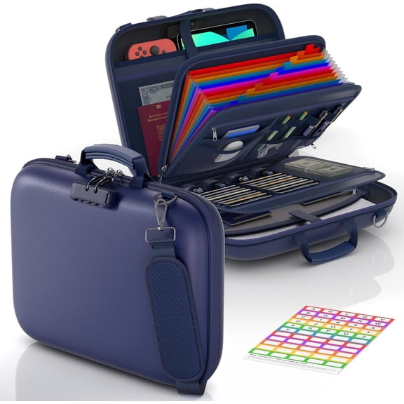 Fireproof Document Box with Lock & Strap, Hard-Shell Fireproof File Organizer with 13 Pocket Accordion File Folder, Portable Safe Storage for Important Documents, Laptop, Blue