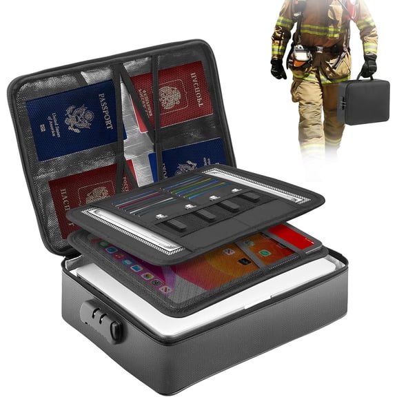 Fireproof Document Box with Lock - Upgraded Waterproof Fireproof Document Bag, Important Document Organizer, Fire Proof Safe for Home Documents, Passport, Laptop, Certificates$$Office