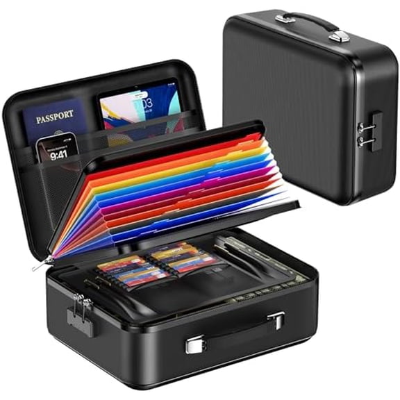 Fireproof Document Box with Lock, Waterproof Hard Shell File Organizer with Accordion Folder, Portable Fireproof File Safe Box for Home Office Storage of Documents, Laptop, Cash & Passports$$Office