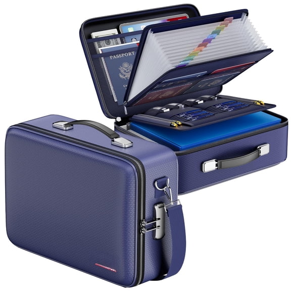 Fireproof Document Box With Lock&shoulder Strap Hard Case File Organizer Accordion Folder Multi-layer Portable Home Office Travel Safe Storage For Important Documents Laptop Blue