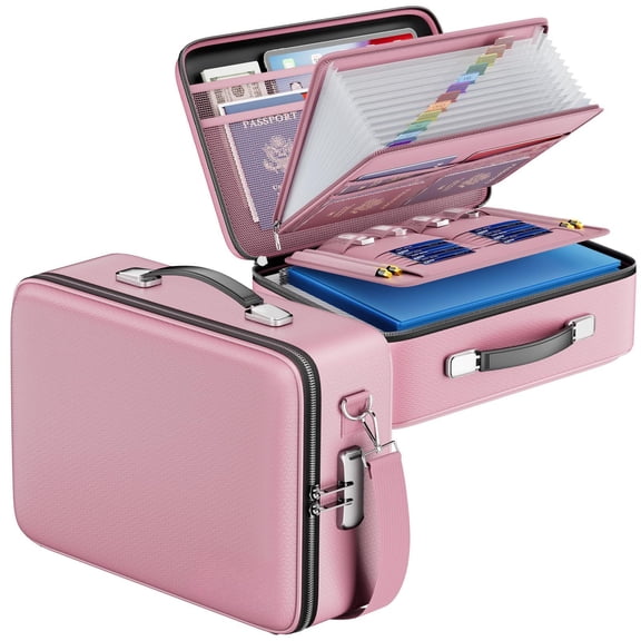 Fireproof Document Box With Lock&shoulder Strap Hard Case File Organizer Accordion Folder Multi-layer Portable Home Office Travel Safe Storage For Important Documents Laptop Pink