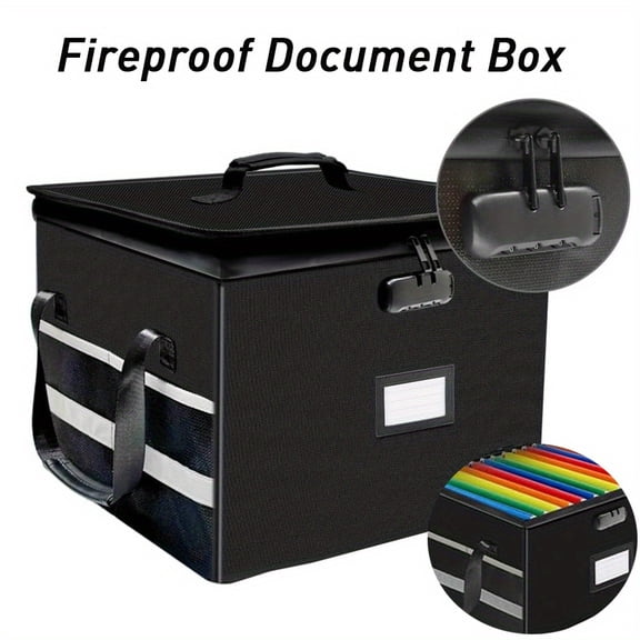 Fireproof Document Box with Mesh Pockets & 10 Tabs/Inserts - Collapsible Filing Box with Handle, Portable Home Office Safe for Hanging Letter/Legal Folders, Small File Storage Organizer