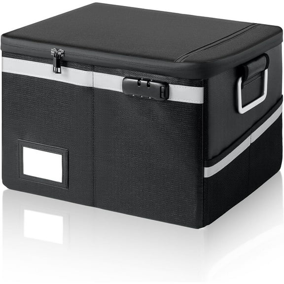 Fireproof Document Box,Portable File Organizer with Lock,Water-Resistant Document Organizer Collapsible File Cabinets for Home Office Safe Storage Box for Hanging Letter/Legal Folders-Black