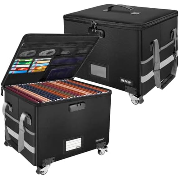 Fireproof Document Box with Wheels, Collapsible File Box with Lock, Rolling File Storage Organizer Filing Cabinet with Pockets, Portable Home Office Safe for Hanging Letter/Legal Folder, 2 Pack