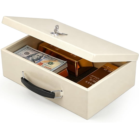 Fireproof Document Box with Key Lock, Fire Safe Box, White Beige,Large