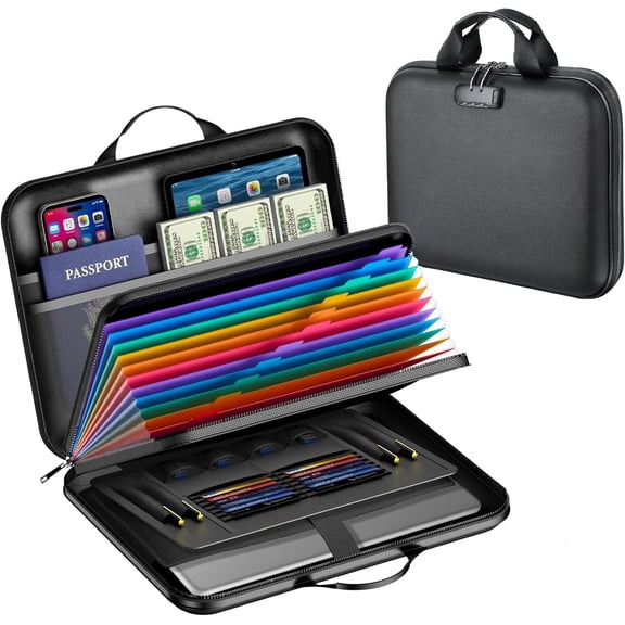 Fireproof Document Box with Lock, Hard-Shell File Organizer with 13-Pocket Accordion Folder & Multi-Compartments for Laptop, Documents, & Valuables