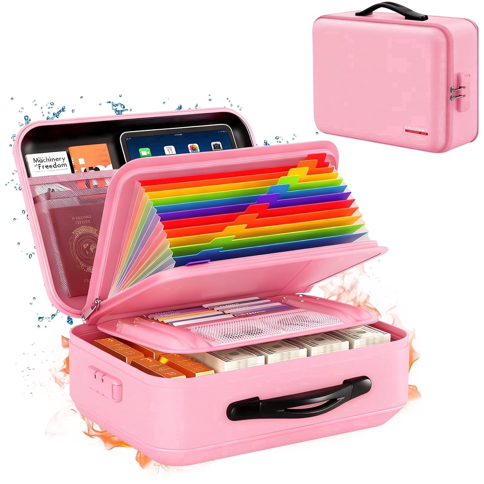 TeSabMi Fireproof Document Box with Lock, 5200°F Fire Proof Safe for Home Documents, Hard-Shell Fireproof & Waterproof Safe Box for Important Files Pink