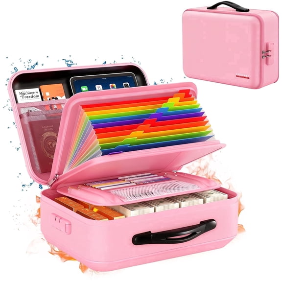 TeSabMi Fireproof Document Box with Lock, 5200°F Fire Proof Safe for Home Documents, Hard-Shell Fireproof & Waterproof Safe Box for Important Files Pink