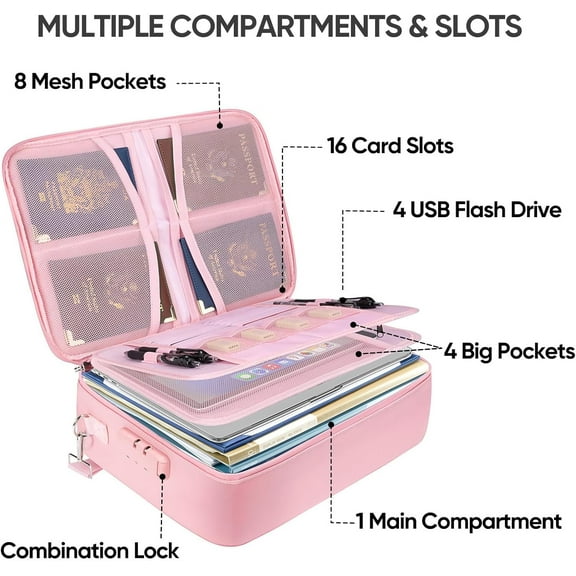 Fireproof Document Box with Lock - Pink, 15''x11''x4''