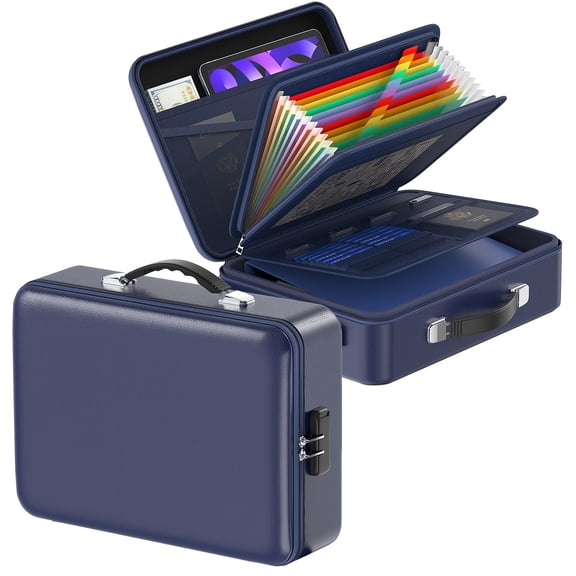 Fireproof Document Box with Lock&Shoulder Strap, Hard-Shell Case File Organizer with Accordion File Folder, Multi-Layer Portable Home Office (Black)