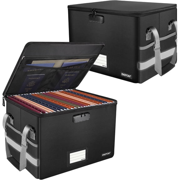 Fireproof Document Box with Lock and Pockets, Collapsible File Organizer with Handle, Portable Storage Cabinet for Hanging Folders, Black, 2 Pack