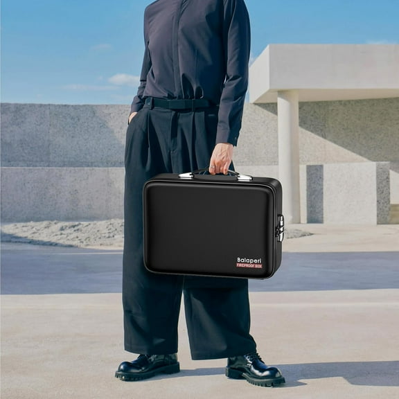 Fireproof Document Box with Zipper, Portable File Safe for Laptops & Valuables, Black