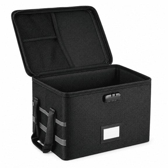 Fireproof Document File Organizer Box with Lock, Collapsible File Storage Box with Zipper, Adjustable Handle, Mesh Pockets, Label Slot for Letter and Legal Size Files