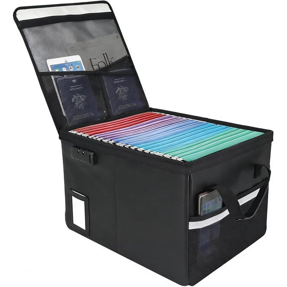 Fireproof Document Organizer Box with Lock, Portable Filing Cabinet for Hanging Folders, 16.1 x 12.9 x 11 Inches, Black, Fiberglass, Water Resistant, Modern Style
