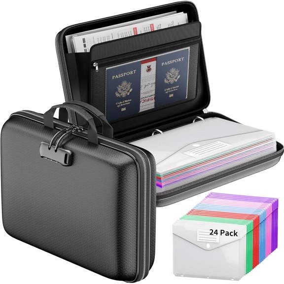 Fireproof Document Organizer Box with Lock & 24 Pack Binder Pockets