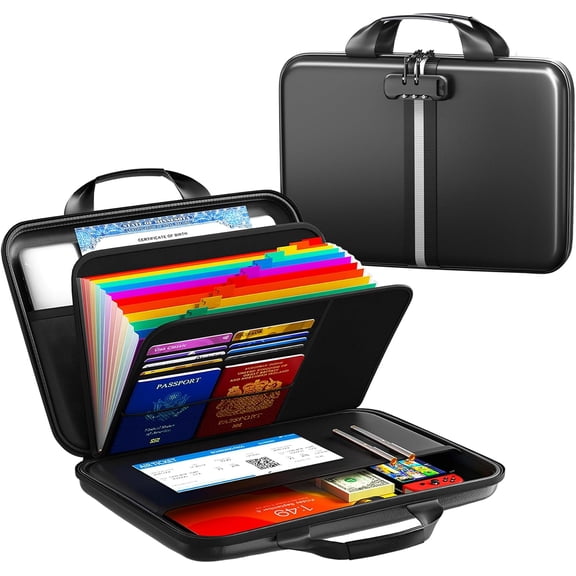 Fireproof Document Organizer with Lock, Rigid EVA File Box with 13-Pocket Accordion Folder for Important Documents and Tablets up to 11 Inches, Water-Resistant Hardshell Storage in Black