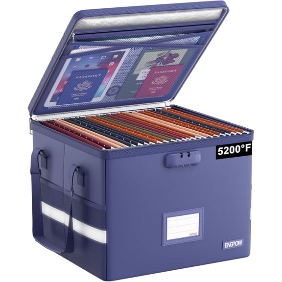 Fireproof Document Storage Box with Lock, Handle, and Heat-Insulated Collapsible Design for Letter and Legal Folders Blue, 15.6" x 12.5" x 10.5", 36-Liter Capacity