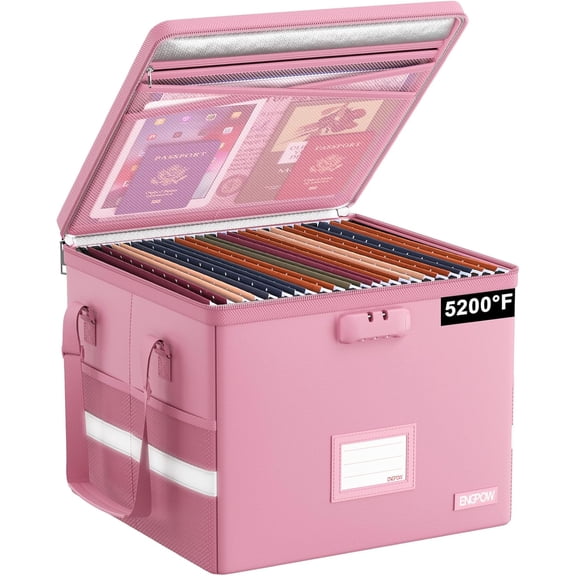 Fireproof Document Storage Box with Lock and Handle, Heat-Insulated Collapsible File Organizer for Letter and Legal Size Folders, Pink, 15.6 x 12.5 x 10.5 Inches