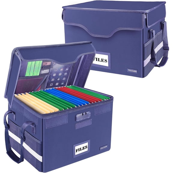 Fireproof Document Storage Box with Lock and Pockets, Collapsible Portable File Organizer for Home Office, Includes Handle for Hanging Letter/Legal Folders, Blue, 2 Pack