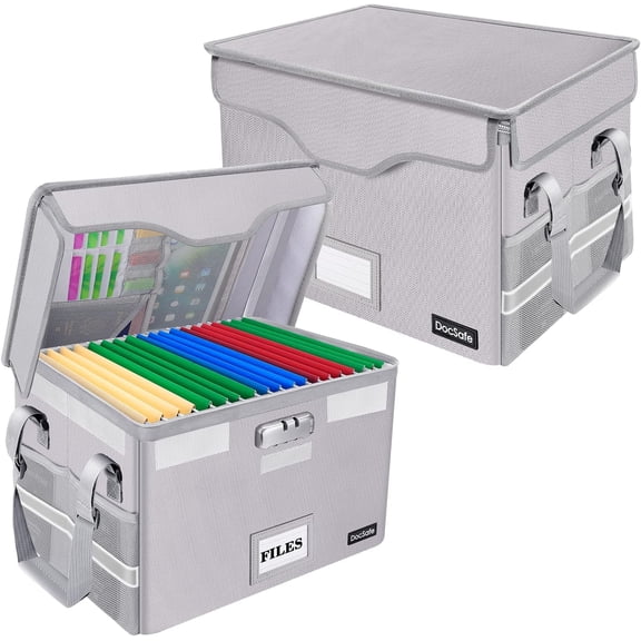 Fireproof Document Storage Box with Lock and Pockets, Collapsible Portable File Organizer for Home Office, Includes Handle for Hanging Letter and Legal Folders, Silver, 2 Pack