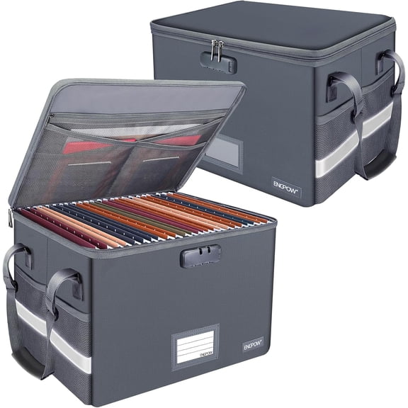 Fireproof Document Storage Box with Lock, Pockets and Handle  Collapsible Filing Organizer for Home Office, Gray, 15.55" x 12.2" x 10", 2 Pack