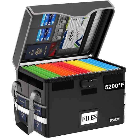 Fireproof Document Storage Box with Lock and Handle, Heat-Insulated Collapsible File Organizer for Letter and Legal Folders, Black