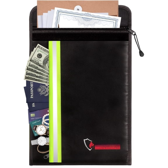 Fireproof Envelope for , Legal Documents Safe (15 x 11 inch) with 2 Pockets & Zipper, Black
