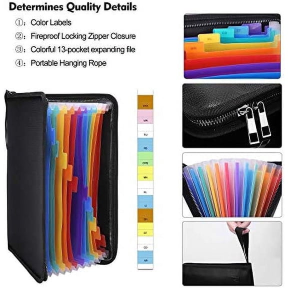Fireproof Expanding File Folder with 13 Multicolored Pockets A4 Size Document Organizer with Color Labels Zipper Closure Non-Itchy Silicone Coated Portable Filing Pouch(14.3" x 9.8")