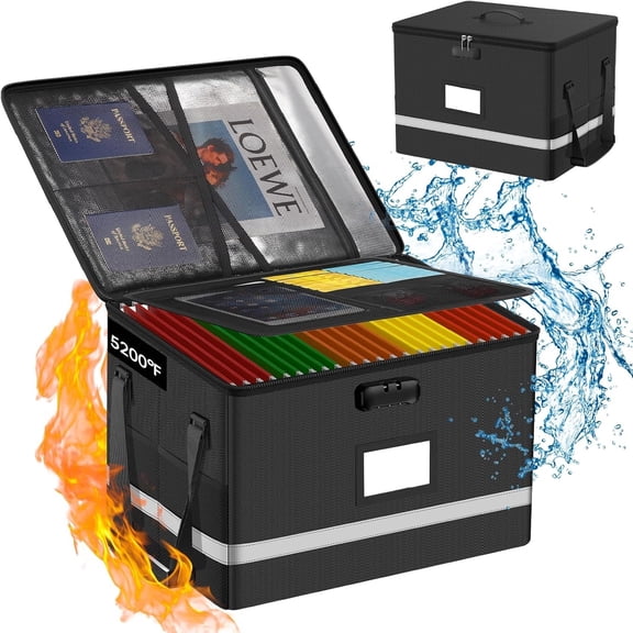 Fireproof File Box with Lock, 5200F Document Box Storage Organizer, Suitable for Hanging File Folders in Letter Size, Collapsible Box, Reflective Strip for Fast Find (16.6*12.6*10.2, Black)
