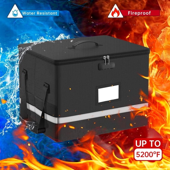 Fireproof File Box with Lock, 5200F Document Box Storage Organizer, Suitable for Hanging File Folders in Letter Size, Collapsible Box, Reflective Strip for Fast Find (16.6*12.6*10.2, Black)