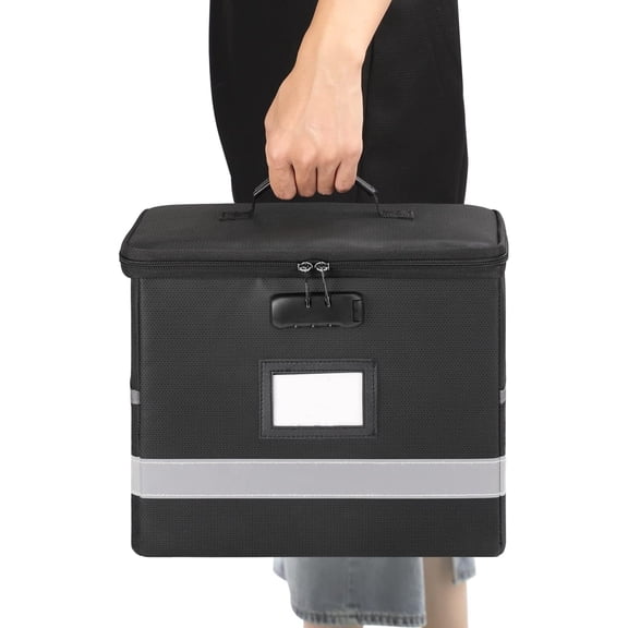 "Fireproof File Box with Lock, Document Box Storage Organizer, Suitable for Hanging File Folders in Letter Size, Collapsible File Box, Reflective Strip for Fast Find (12.2""*6""*10.2 (Black, 2Pcs) "