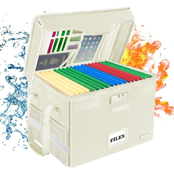 Fireproof File Box with Lock, Document Storage Organizer with Mesh Pocket, Foldable Portable File Box Home Office Security File Cabinet with Handle for Hanging Letters/Legal Folders