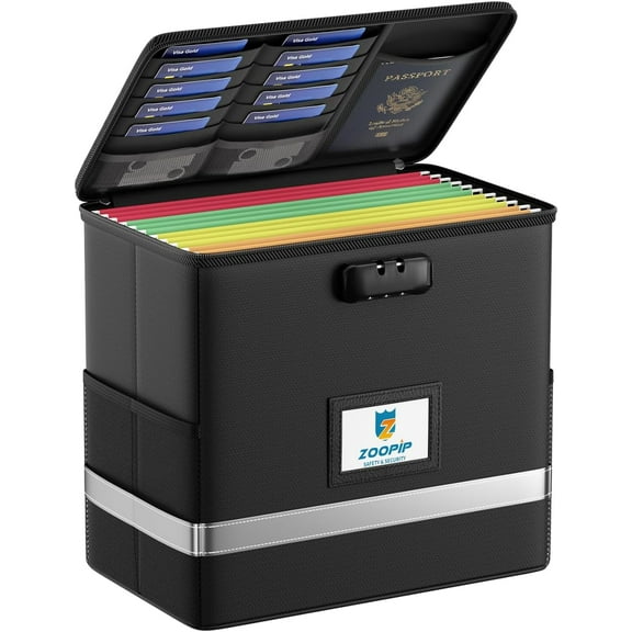 Fireproof File Box with Lock, Document Storage Organizer, Suitable for Hanging Folders in Letter Size, Collapsible Box, Reflective Strip Fast Find (12.2"*6"*10.2, Black)