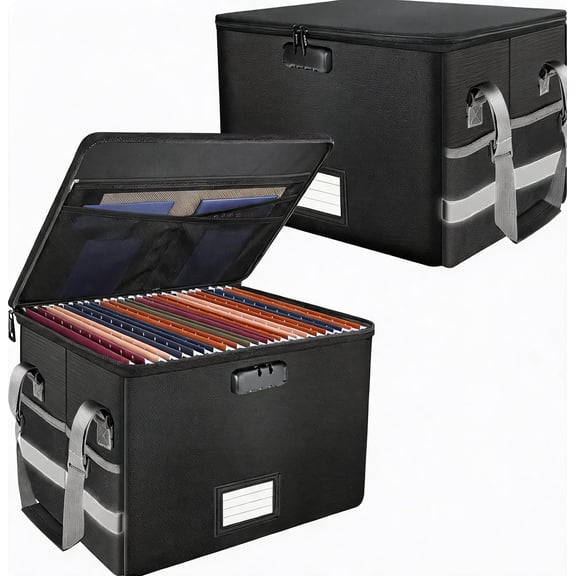 Fireproof File Box with Lock and Pockets, Collapsible Filing Storage Cabinet with Handle, Portable Safe for Hanging Letter and Legal Folders, Black, 15.55 x 12.2 x 10 Inches, 2 Pack Bestseling