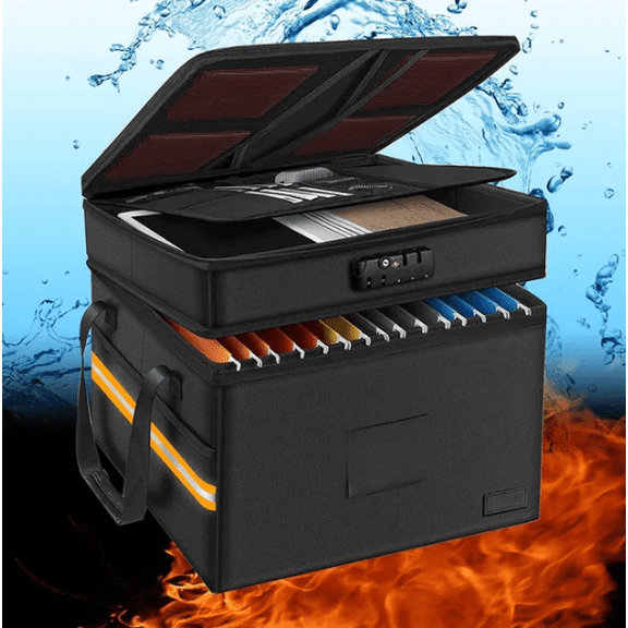 Fireproof File Box with Lock 2 Layer Water-Resistant Collapsible Portable Organizer with Reflective Strip