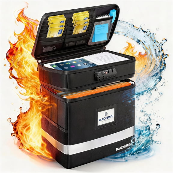 Fireproof Document Box,Blacksmith 2 Tier Fireproof Safe Box for File Documents with Lock and Pockets,Fireproof File Safe Cabinet for Important Documents,Passports,Laptop,Black