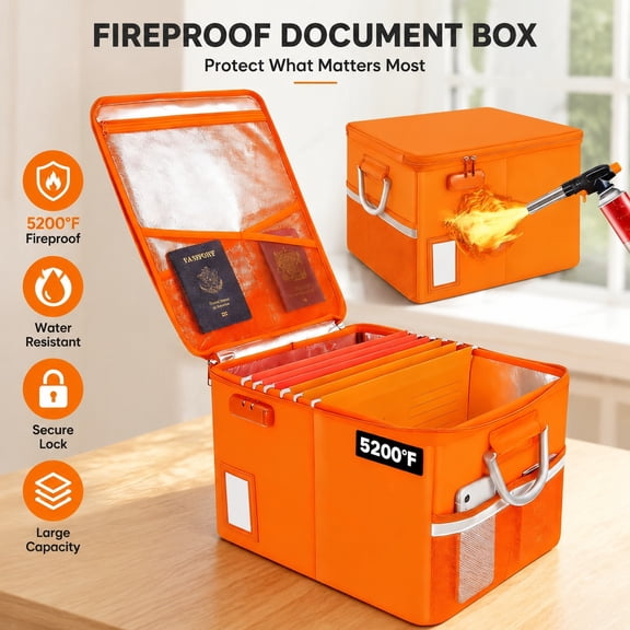 Fireproof File Cabinet with Lock, Collapsible Document Organizer Box with Handle for Letter Legal Folder Storage Certification Documents (Orange Upgrade)