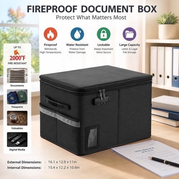 Fireproof File Cabinet with Lock, Fireproof Document Organizer, Collapsible File Box with Handle for Letter and Legal Folders, Certifications Storage