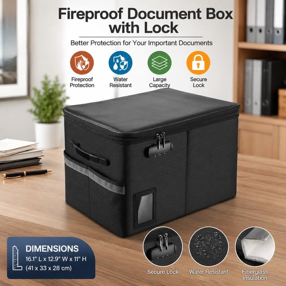 Fireproof File Cabinet with Lock, Portable Fire-Resistant Document Organizer, Collapsible Filing Box with Handle for Letter & Legal Documents